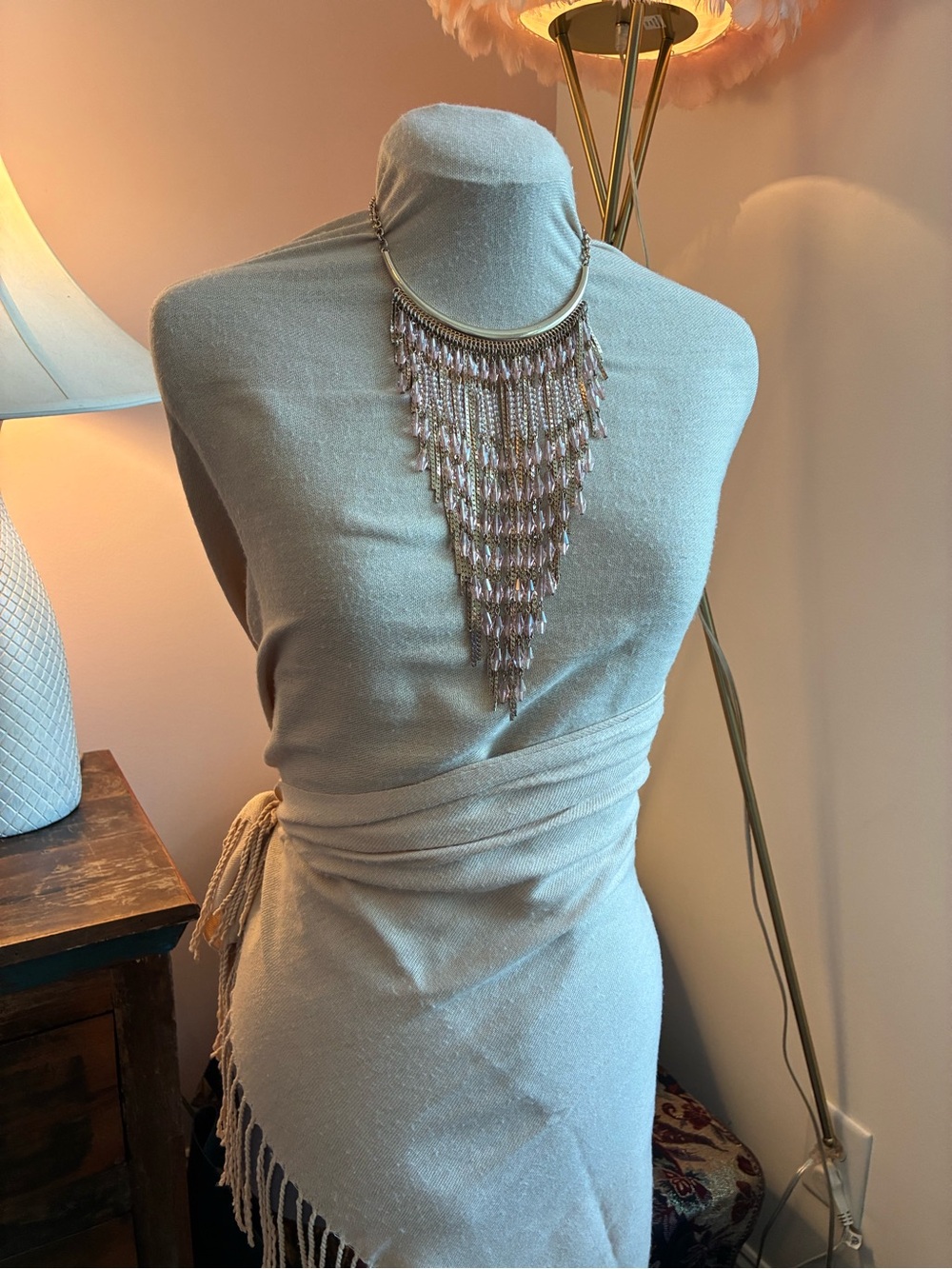 Pink & Gold-Tone Fringe Statement Necklace - Elegant Layered Design
